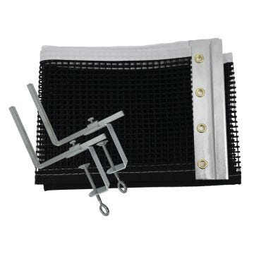 A folded black sports net with white trim; reinforced by an aluminum side band featuring multiple gold grommets. Includes metal clamp attachments.