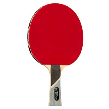 Wooden table tennis racket with red face, shown standing up. Wooden handle shows logo on top of black background for STIGA GHOST. Side of racket is black with the repeated STIGA logo. 