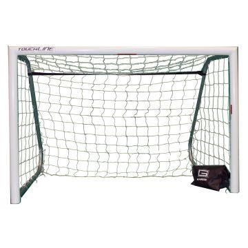 A white soccer goal with a white net, reinforced with a sturdy metal frame. A black Gared-branded weight bag is positioned at the bottom right corner for added stability.