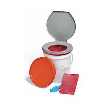 LifeSecure Store-A-Potty 72-Hour Emergency Toilet Kit & Storage Bucket. Kit Includes (1) 5 gallon toilet bucket, (1) snap-on toilet seat, (3) biohazard bags, (3) toilet deodorizer packets, For compact storage and easy carrying: (1) Bright orange lid (airt