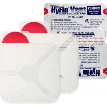 Front view of HyFin Vent Compact Chest Seal Twin Pack with directions
