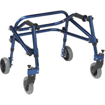 view of the extra small nimbo posterior walker with 5 inch soft rubber wheels; front wheel swivel lock; one directional rear wheels; walker features height adjustable frame for growth.
