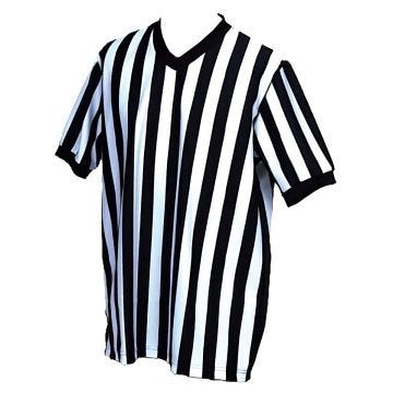 A black and white striped referee shirt with short sleeves and a V-neck collar. The shirt features bold vertical stripes and is displayed on a white background.