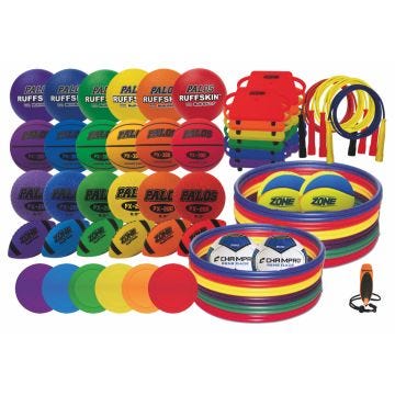 PALOS K-5 PE Equipment Starter Pack shows an assortment of volleyballs, soccer balls, footballs, multi-balls, rubber spots, jump ropes, scooters, hoops, and more.