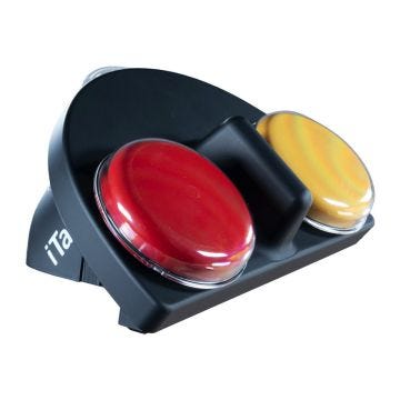 The front of the Ablenet iTalk2 showing the red button and yellow button.