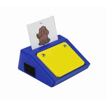 Square blue communicator with yellow button and square white paper with a dog icon.