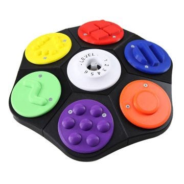 Black base, red, purple, blue, orange, red, yellow green buttons with white level indicator in center