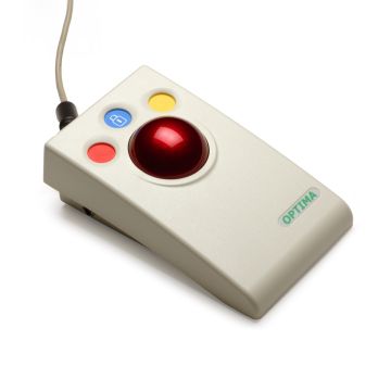 Optima Rollerball shown with three buttons (red, blue, and yellow) at the top that are sub-flush to prevent accidental activation. Large red ball is centered on the rollerball. Wire is attached at the top for easy plug and play.