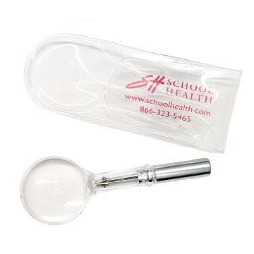 Clear School Health pouch and small magnifying glass with eyeglass kit inside the handle.