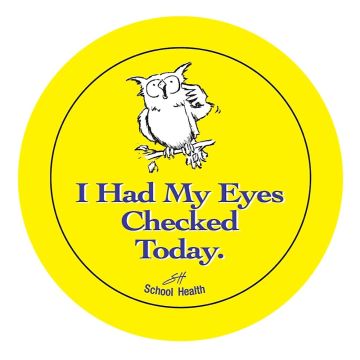 The yellow sticker has an illustration of an owl wearing glasses and the text "I Had My Eyes Checked Today." 