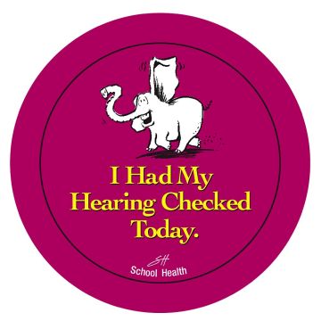 The magenta sticker has an illustration of an elephant holding its trunk and the text "I Had My Hearing Checked Today.