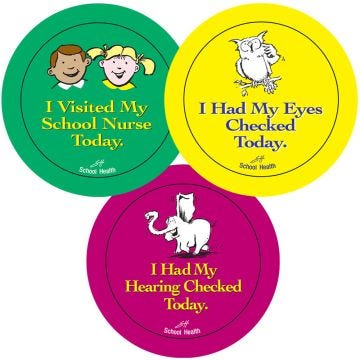 Three circular stickers with different colors and text. All stickers have the words "School Health" at the bottom.