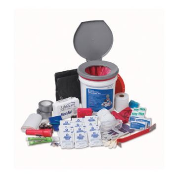 The 25 student school emergency kit contains instructions, search and rescue supplies and tools, dust masks for easier breathing, first aid, water that has a 5 year shelf life, shelter, communication, light and sanitation.