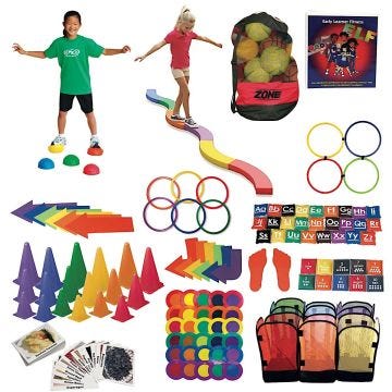 A collage of physical education equipment including mesh baskets, rubber arrows, spots and feet, hoops, cones, bean bags, and carrying bags.