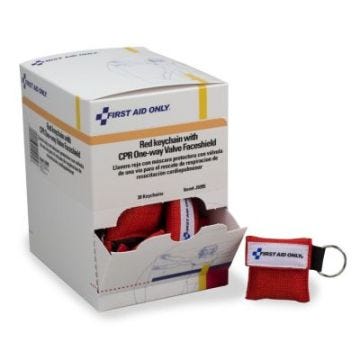 Front view of open box of CPR One-Way Valve Faceshield Keychain, Each