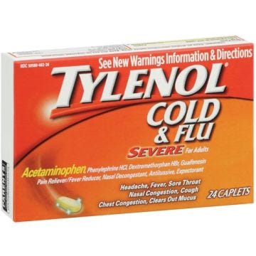 Tylenol cold and flu severe caplets for adults. Contains acetaminophen, phenylephrine hci, dextromethorphan hbr and guaifenesin. Temporary relief for headaches, fever, sore throat,  nasal congestion, cough chest congestion, and loosen mucus. 24 caplets