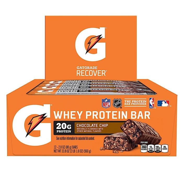 Front view of case of 12 Chocolate Chip Gatorade Whey Protein Bars