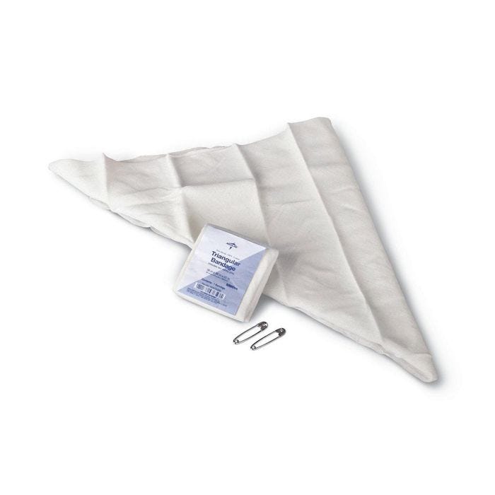 Front view of pack of 1 Non-Sterile Triangular Bandage with 2 Safety Pins Front view of pack of 1 Non-Sterile Triangular Bandage with 2 Safety Pins