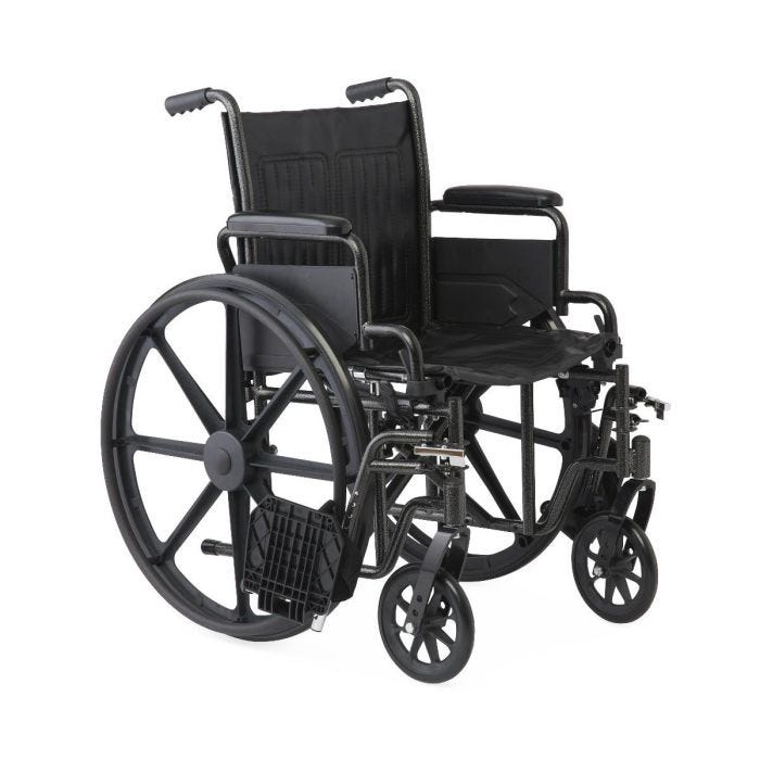 Black, lightweight manual wheelchair with large rear wheels and small front casters, designed for mobility and support. Black, lightweight manual wheelchair with large rear wheels and small front casters, designed for mobility and support.