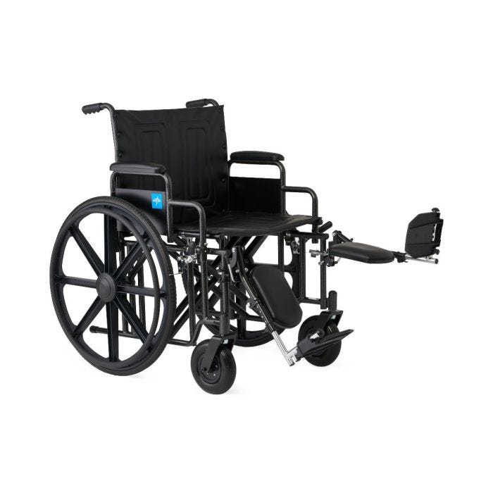 A black manual wheelchair with extended footrests, armrests, and large rear wheels