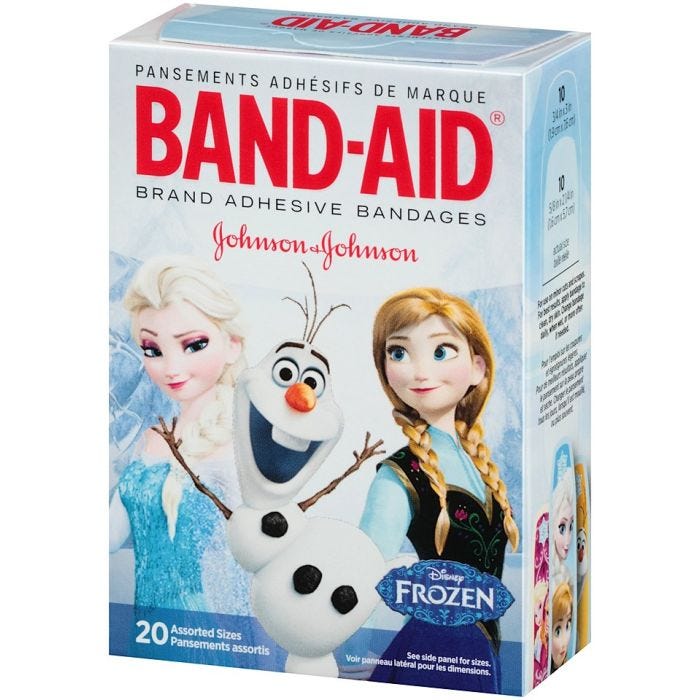 Front view of box of 20 Disney Frozen Bandaid adhesive Strips, Assorted Sizes Front view of box of 20 Disney Frozen Bandaid adhesive Strips, Assorted Sizes