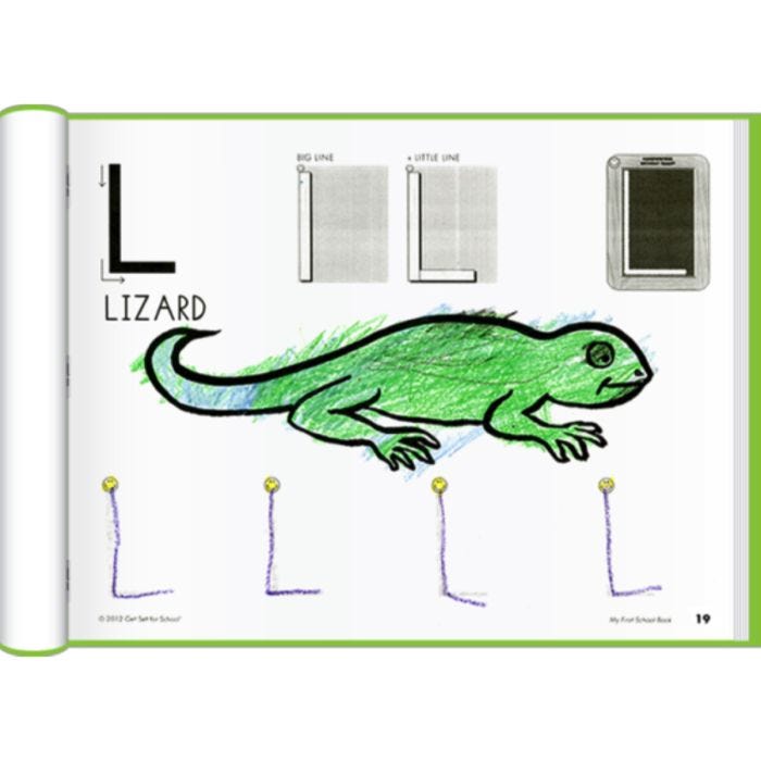 Close view of my first school book for pre-k students showing an open page to the letter "L" for Lizard, two line boxes to assist developing  pre-writing skills. Below displays a lizard colored with a green crayon, and practice space for writing.