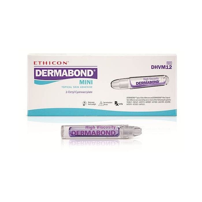 front view of the high viscosity Ethicon dermabond mini topical skin adhesive with the dermabond tube displayed in front of the box. 2-Octyl Cyanoacrylate, Ref: DHVM12 front view of the high viscosity Ethicon dermabond mini topical skin adhesive with the dermabond tube displayed in front of the box. 2-Octyl Cyanoacrylate, Ref: DHVM12