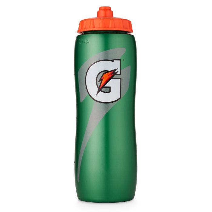 front view of a 32 oz. green Gatorade squeeze bottle with an orange Gatorade screw top lid. front view of a 32 oz. green Gatorade squeeze bottle with an orange Gatorade screw top lid.