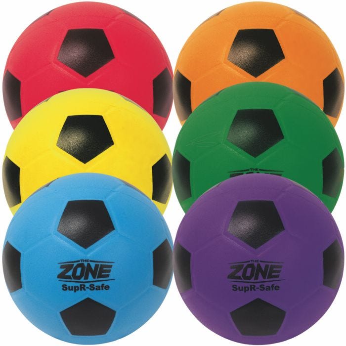 The ZONE SupR-Safe soccers balls, shown in six colors: red, orange, yellow, green, blue, and purple. The ZONE SupR-Safe soccers balls, shown in six colors: red, orange, yellow, green, blue, and purple.