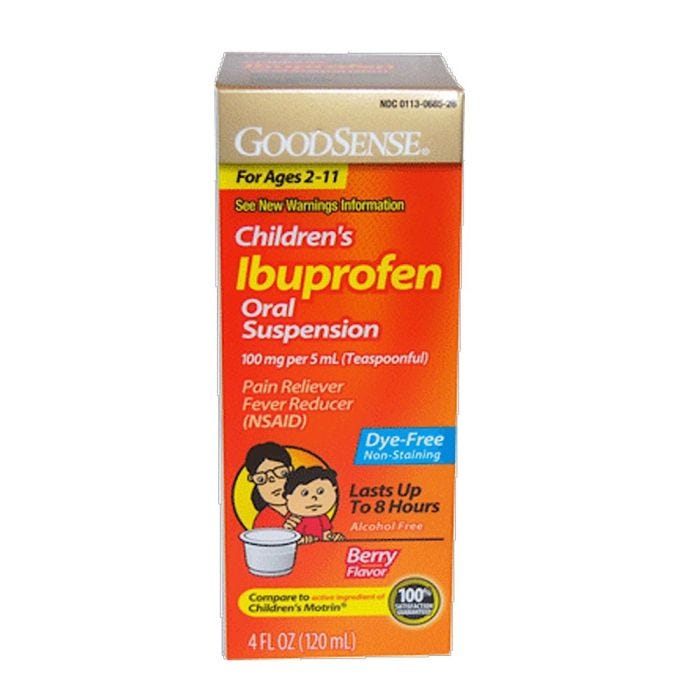 Front view of box with 4 oz. bottle of Dye Free, Berry GoodSense Child Ibuprofen