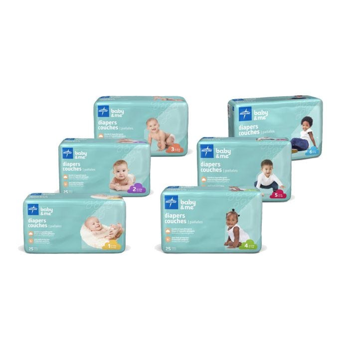 Group of sage colored Medline Baby & Me Diaper Bags, in sizes 1–6. Group of sage colored Medline Baby & Me Diaper Bags, in sizes 1–6.