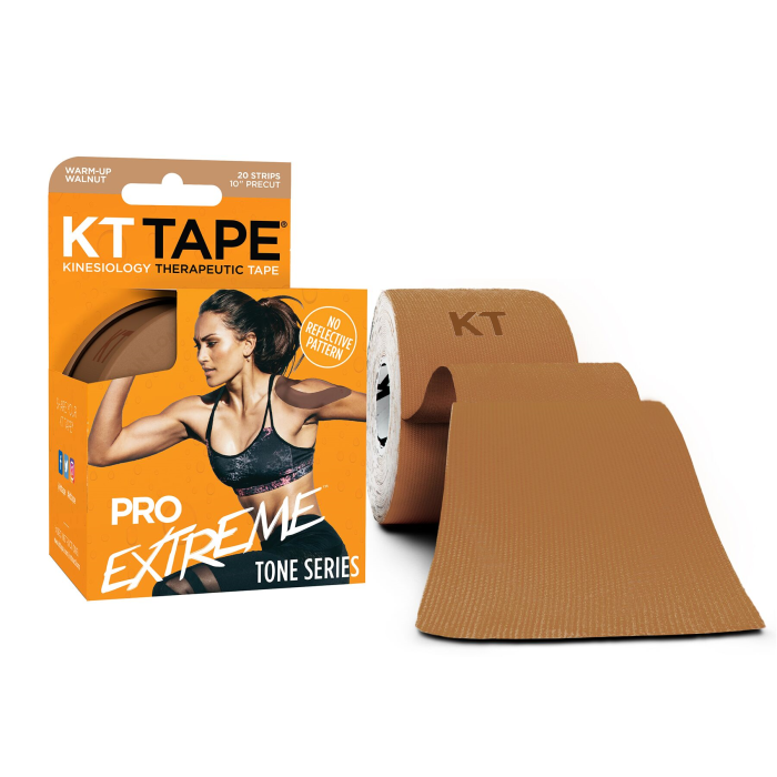 a package of 10 inch precut; 20 strips of kt pro extreme skin tone series tape with no reflective pattern in color warm-up walnut a package of 10 inch precut; 20 strips of kt pro extreme skin tone series tape with no reflective pattern in color warm-up walnut