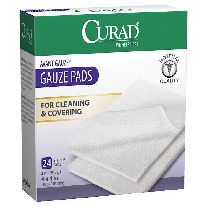 Front view of box of 24 Curad 4-ply Sterile 4" x 4" Gauze Pads Front view of box of 24 Curad 4-ply Sterile 4" x 4" Gauze Pads