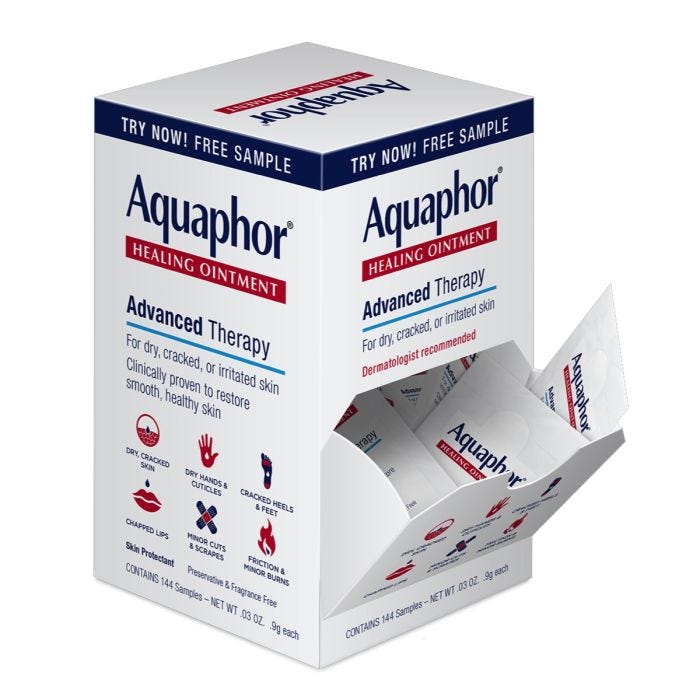 Front view of box of 144 Aquaphor Healing Ointment Singles Front view of box of 144 Aquaphor Healing Ointment Singles
