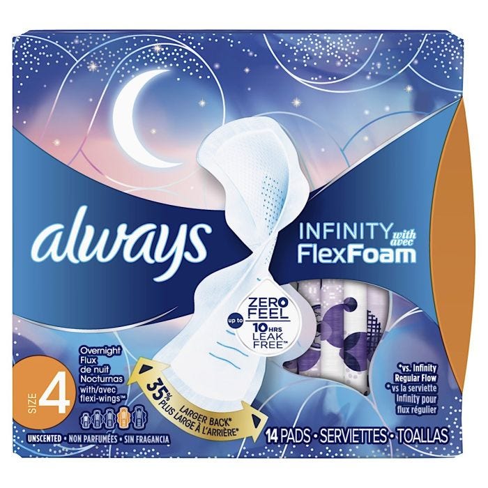 Always Infinity Overnight Pads, Size 4, 14/pack, always, pad Always Infinity Overnight Pads, Size 4, 14/pack, always, pad