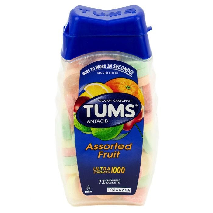 Tums Antacid Tablet, Ultra-Strength 1000, Chewable, Assorted Fruit, 72 Tablets / Bottle
Tums Antacid Tablet, Ultra-Strength 1000, Chewable, Assorted Fruit, 72 Tablets / Bottle