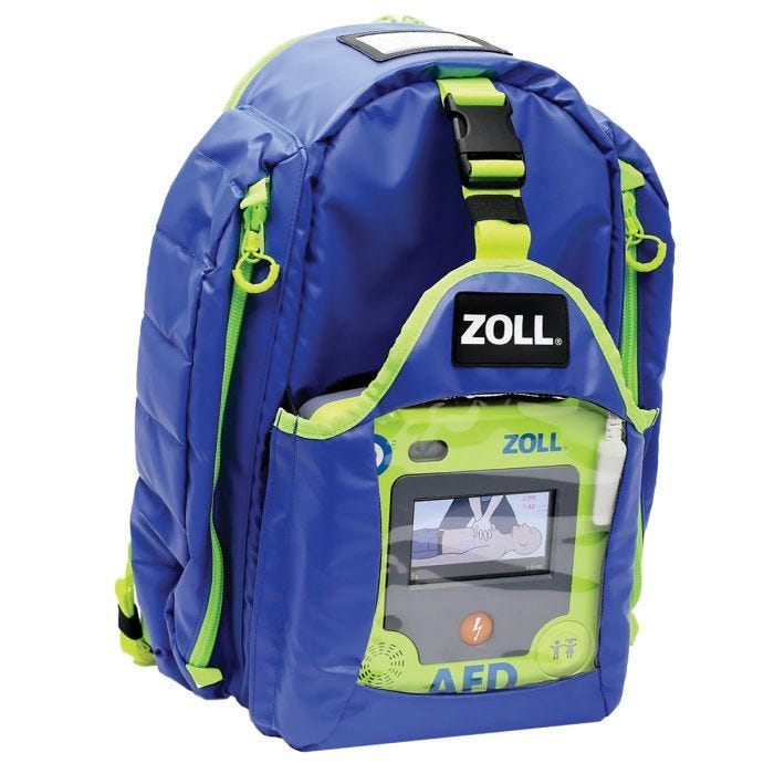 a blue g3 quicklook aed backpack featuring a zoll branded design with an aed inside compartment a blue g3 quicklook aed backpack featuring a zoll branded design with an aed inside compartment