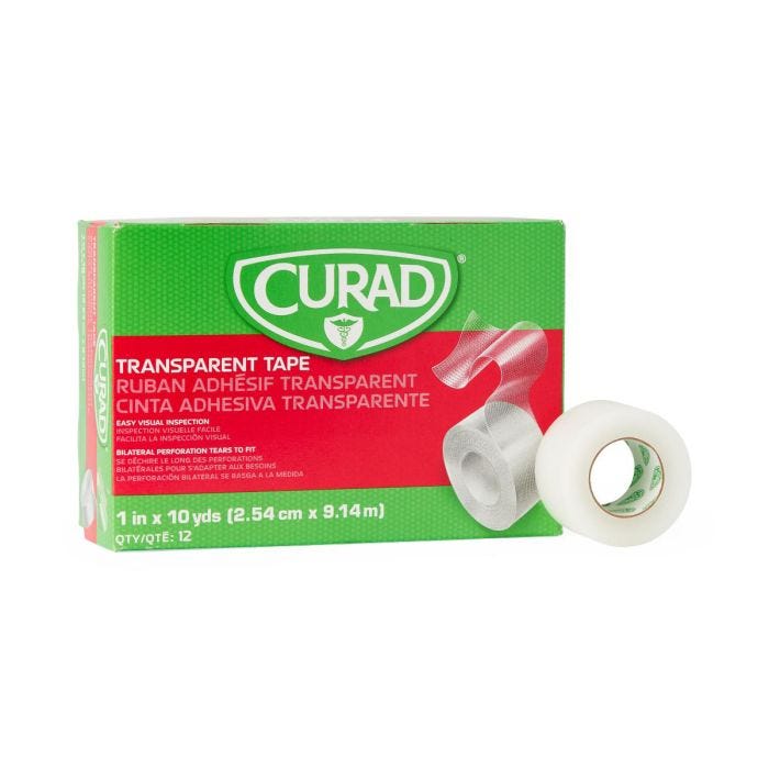 SKU 1036744 Front View of Green and Red color CURAD Transparent Plastic Medical Tape 1”x10 yds 12/box SKU 1036744 Front View of Green and Red color CURAD Transparent Plastic Medical Tape 1”x10 yds 12/box