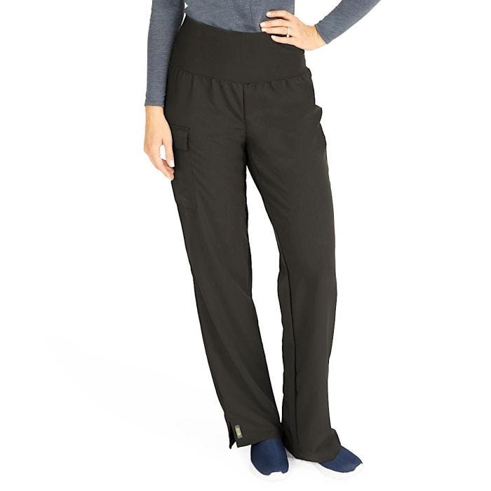 Front view of model shown from the waist down wearing black scrub pants with wide stretchy waistband. Front view of model shown from the waist down wearing black scrub pants with wide stretchy waistband.