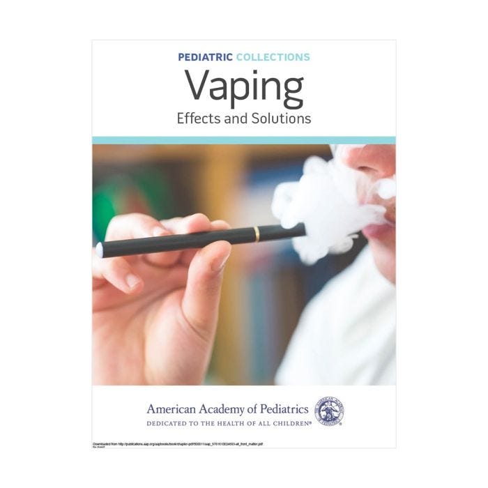 Cover of the Pediatric Collections: Vaping – Effects and Solutions. The image shows a close-up of a person exhaling vapor while holding a vape pen. Cover of the Pediatric Collections: Vaping – Effects and Solutions. The image shows a close-up of a person exhaling vapor while holding a vape pen.