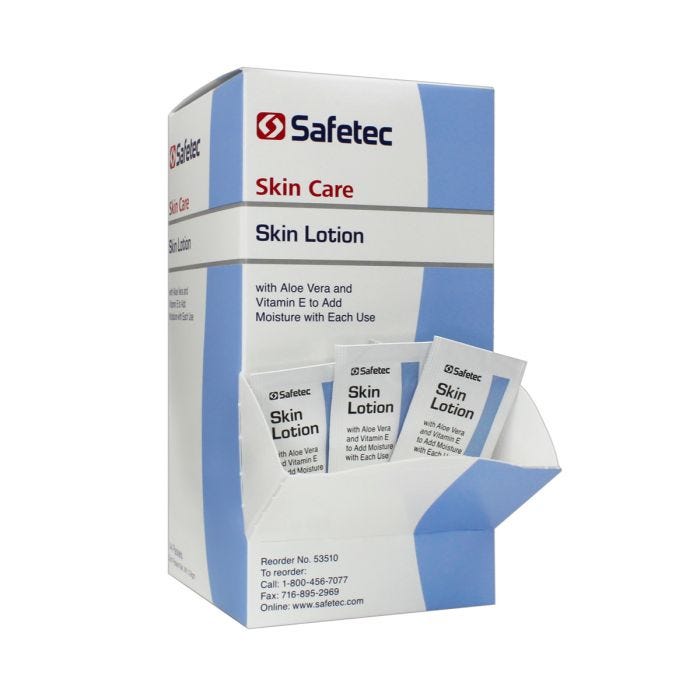 Front view of box of 144 Safetec Skin Lotion Individual Packets Front view of box of 144 Safetec Skin Lotion Individual Packets