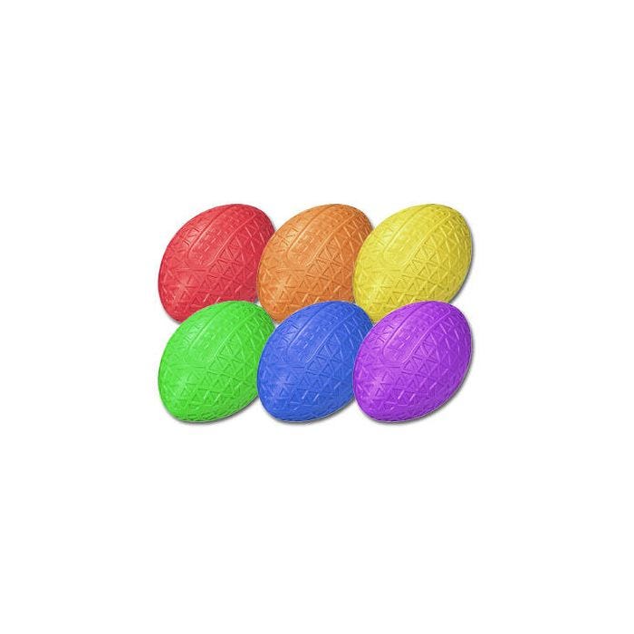 Front view of 6 assorted colors (Red, Orange, Yellow, Green, Blue and Purple) Easy Grip Footballs Front view of 6 assorted colors (Red, Orange, Yellow, Green, Blue and Purple) Easy Grip Footballs