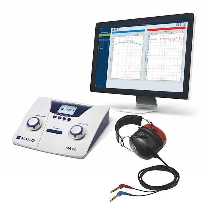 Audiometer with two large dials and a digital display, accompanied by a pair of headphones with red and black ear covers and a coiled cable with red and blue plugs.
Audiometer with two large dials and a digital display, accompanied by a pair of headphones with red and black ear covers and a coiled cable with red and blue plugs.