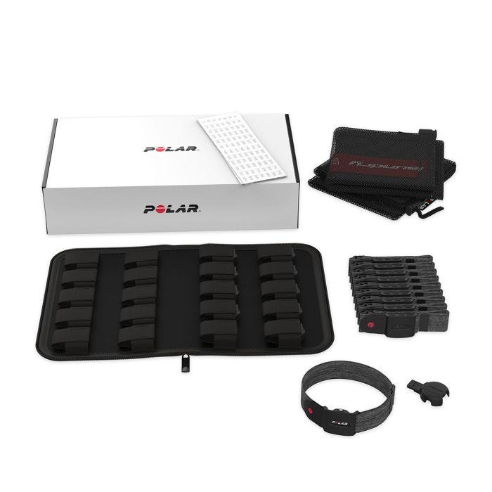 Group image including a white box, carrying case, ten arm sensors, USB charger, and pouch. Group image including a white box, carrying case, ten arm sensors, USB charger, and pouch.