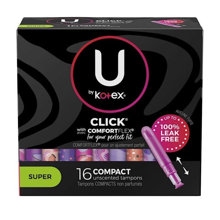 A black box with tampon super absorbent information and U by Kotex logo A black box with tampon super absorbent information and U by Kotex logo