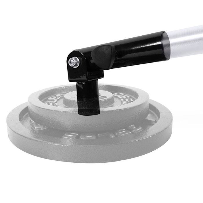 A black landmine attachment secured onto a barbell sleeve A black landmine attachment secured onto a barbell sleeve