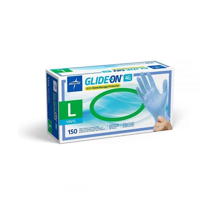 Side angle of box of 150 Large, Glide-On, Chemo Protection, Powder Free, 4G Vinyl Gloves