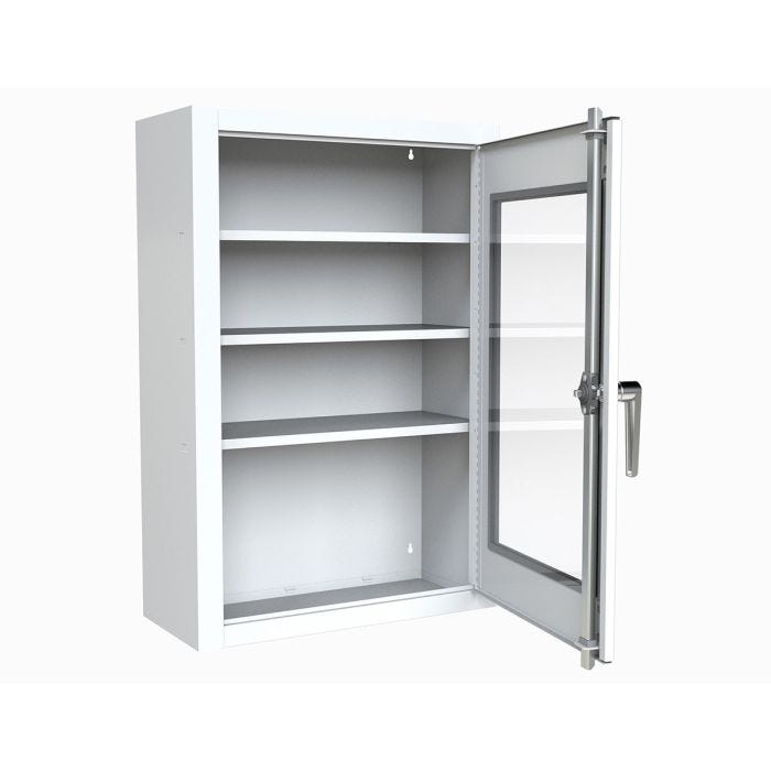 White, Steel Cabinet with three shelves, lock, and clear, plexiglass front door. White, Steel Cabinet with three shelves, lock, and clear, plexiglass front door.
