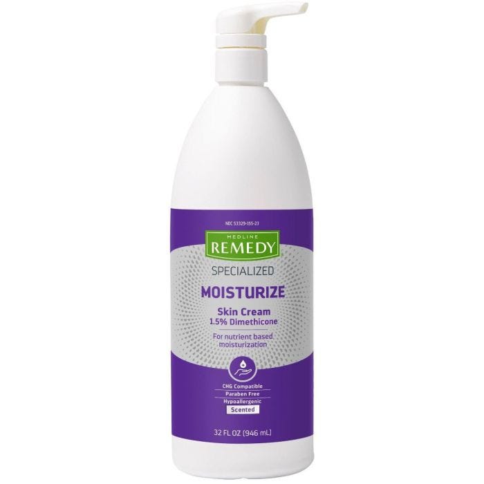 Front view of Medline specialized moisturize remedy skin repair cream in a white 32 oz. pump bottle, 1.5% Dimethicone, CHG Compatible, Paraben free, Hypoallergenic, and scented. Front view of Medline specialized moisturize remedy skin repair cream in a white 32 oz. pump bottle, 1.5% Dimethicone, CHG Compatible, Paraben free, Hypoallergenic, and scented.