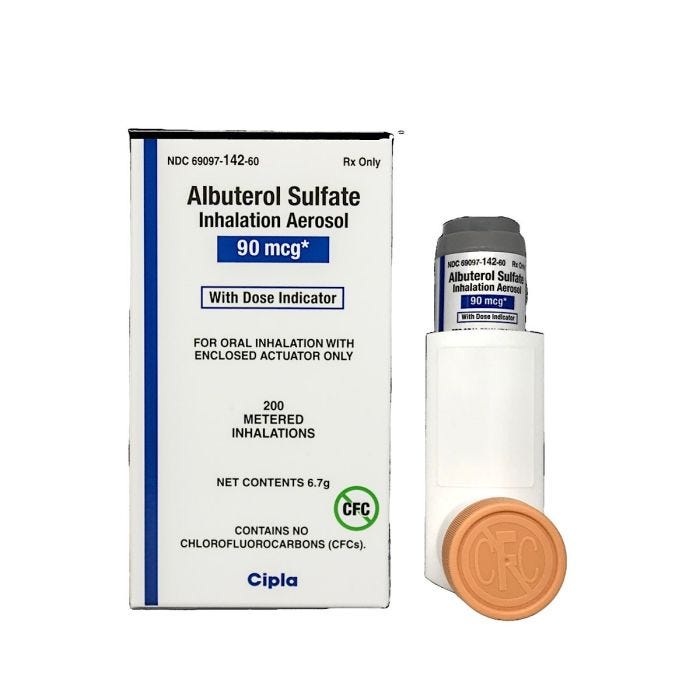 front view of the albuterol sulfate inhaler 90mcg, 200 dose and packaging front view of the albuterol sulfate inhaler 90mcg, 200 dose and packaging